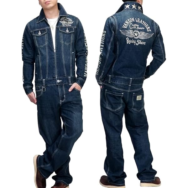 美品　Vanson ワンスターつなぎ　XL VANSON（バンソン）デニム刺繍オールインワン つなぎ フライング