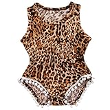 Canis ベビー　女の子　ノースリーブ　豹柄　ロンパース　ガールズ 　可愛い　カジュアル　カバーオール　毛玉飾り　　夏　　　 (80)