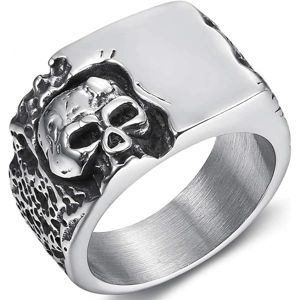 Stainless Steel Skull Ring - Antique Retro Gothic Punk Style, Hypoallergenic, Size 12, Grey Finish - View #12