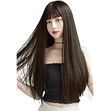 FESHFEN ウィッグ ロング ストレート かつら フルウィッグ 自然 女装 ウィッグ レディーズ wig 原宿系 カツラ ぱっつん ファッション 日常 コスプレ ロリータ 小顔 人気 可愛い 耐熱 ネット/櫛付き クールブラウン