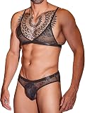 [Sexyhot] メンズブラ 男性用ブラジャー ショーツ 2点セット メンズブラジャー 男性用ブラ レース セクシー 薄い 透け透け パンティー サイズ調整可能 フリー