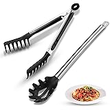 2 Pieces Spaghetti Spoon and Pasta Tong,Non-Stick 13-Inch Silicone Spaghetti Fork and 9.8-Inch Stainless Steel Handle Spaghet