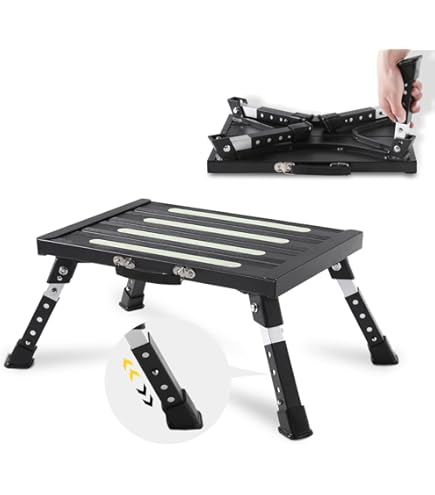RV Camper Step - Adjustable Height Folding Platform, Supports 1000 Lbs, Glow In Dark Tapes, Non-Slip