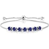 Gem Stone King 925 Sterling Silver Blue Created Sapphire Adjustable Tennis Bracelet For Women (2.45 Cttw, Round Cut 4.5MM, Fu