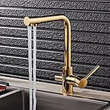JinYuZe 輝くゴールドの水のフィルタリングとダブルレバー単穴キッチン蛇口 真鍮製水栓　料理水栓　混合水栓　キッチン用蛇口　キッチン水栓金具