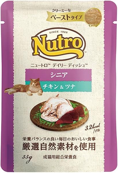 Nutro デイリーディッシュ ウェット クリーミーなペースト シニア猫用 35g×12袋 チキン&ツナ パウチ 少量使い切り 総合栄養食 高齢猫用 エイジングケア キャットフード 猫 まとめ買い 穀物フリー グレインフリー 厳選自然素材 香料・着色料 無添加 下部尿路の健康維持 ニュートロ - 1
