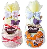 リボン おむつケーキ 日本製 ナンバー タオル 名入れ ビブ 出産祝い 男の子 女の子 (パンパースM, 002)