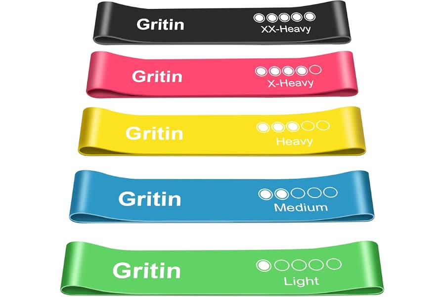 Gritin Resistance Bands, [Set of 5] Skin-Friendly Resistance Exercise Band | 5 Different Strength Levels Fitness Bands for Wo