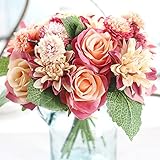 meiliy 1 Bunch 8 pcs人工ローズダリアデイジーフラワーブーケ花嫁ブライズメイドHolding花ホームホテルオフィスウェディングパーティーガーデンクラフトアートデコレーション オレンジ