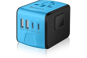 SAUNORCH Travel Adapter Worldwide, Universal International Power Plug Adapter W/2.4A 2xUSB-A and 3.0A 2xType-C Wall Charger, European Travel Plug Adapter for Europe UK EU US CA AU Italy Asia-Blue