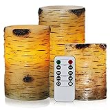 ちらつきFlameless Candles with Birch Bark効果LEDキャンドル4 " 5 " 6 "のセット3バッテリーキャンドルリアルワックスピラーwith 10-keyリモートコン