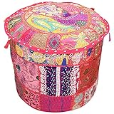 Stylo文化ボヘミアンラウンドPouf OttomanカバーIndianパッチワーク刺繍Pouffe Ottomanカバーピンクコットンフローラル従来家具Footstool Seatパフカバー(18