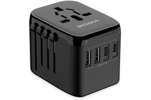 RXSQUL Universal International Power Travel Plug Adapter, 5 in 1 European Travel Plug Adapter W/ 3.5A 2xUSB-A and 2xUSB C Wall Charger and Worldwide AC Outlet for Europe USA UK AUS Asia-Black
