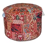IndianリビングルームスツールPouf、足、ラウンドOttomanカバーPouf、従来のハンドメイド装飾パッチワークオットマンカバー、インドのホーム装飾コットンクッションオットマンカバー22 x 