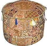 IndianリビングルームスツールPouf、足、ラウンドOttomanカバーPouf、従来のハンドメイド装飾パッチワークオットマンカバー、インドのホーム装飾コットンクッションオットマンカバー18 x 