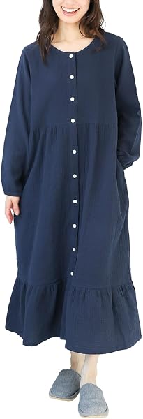 ON NISHIKI Maternity Pajamas, Long Sleeve, 100% Cotton, One Piece, Front Opening, With Nursing Opening, For Spring, Autumn, Double Gauze, Skin Friendly, Double Layer Gauze, Long Length, Nursing - 1
