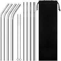 タピオカミルクティー用ステンレススチールストロー、GOMMLE再利用可能な金属製ストロー、長さ21.6cm、外径6mm/8mm/10mm/12mmクリーニングブラシ、持ち運び用ポーチ付（8本）