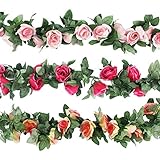 CEWOR 3pcs (22.6 Feet) Artificial Rose Vine Fake Flower Garland for Wedding Home Garden Party Decora