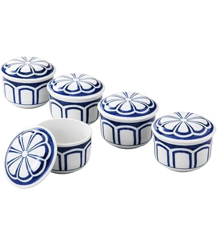 青い陶器の蓋つき茶碗蒸し 5セット T&K original 蓋碗(青色