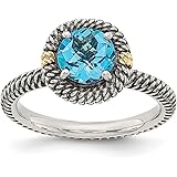 925スターリングシルバー 14K ラウンドブルートパーズ バンドリング 誕生石 12月 宝石 ファインジュエリー 女性へのギフトに