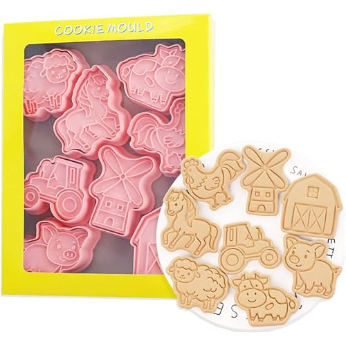8 Pieces Cute Farm Animal Cookie Press for Baking Chicken Cookie Mould Press Cow Pig Cookie Mould Set Kitchen Tools Plastic C