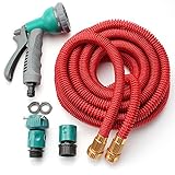 ABOMATE 2017年強化版 伸縮ホース マジックホース ８パターン散水ノズル ラテックス二層構造 5m→15m 3倍に伸びる ノズル付き ガーデニング 花園 洗車 掃除用 レッド