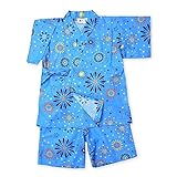 (サックス/90cm) ベビー服 男の子 甚平 綿100％ 花火柄 上下組セット 男児 ベビー