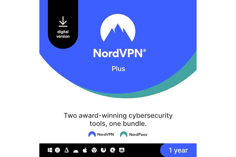 NordVPN Plus - 1 Year - 10 Devices - VPN & Cybersecurity Software Bundle [Digital Download]