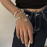 fxmimior Dainty Boho Gold Pearls Chain Bracelets Set for Women Adjustable Fashion Beaded Chunky Coin and Key Chain Bracelets 