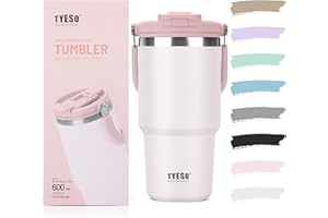 TYESO タンブラー ストロー付き 600ml 水筒 保冷保温 大容量 ステンレスボトル 蓋付き こぼれない ウォーターボトル 持ち運び 取っ手付 真空断熱 二重構造 広口 直飲み 漏れない アウトドア おしゃれ サクラピンク KT01-01022-202