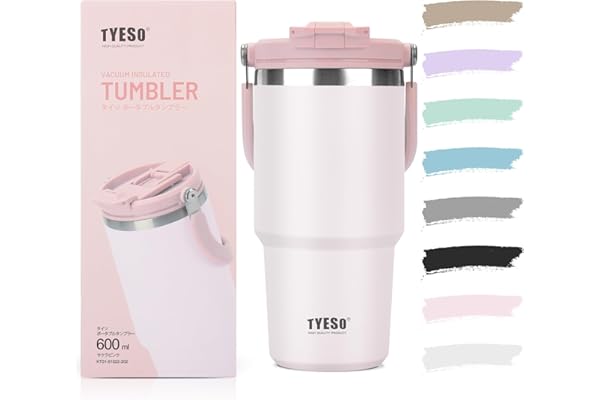 TYESO タンブラー ストロー付き 600ml 水筒 保冷保温 大容量 ステンレスボトル 蓋付き こぼれない ウォーターボトル 持ち運び 取っ手付 真空断熱 二重構造 広口 直飲み 漏れない アウトドア おしゃれ サクラピンク KT01-01022-202