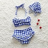水着・子供・女の子・スイムウェア・可愛い　チェック柄　水着上下+帽子　3点セット　水泳帽付き　水泳キャップ付き　フリル　水着　ブルー・レッド　2色展開　S-XL (M, ブルー)