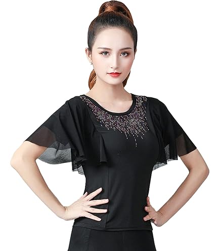 新品　社交ダンス　トップス　黒　レッスン　ラテン　ワルツ　半袖　2862 d1259d3_1.jpg