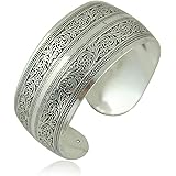 BODYA Tibeten Silver Carved Spiral Flower Connecting Branches Pattern Wide Band Open Cuff Bracelet Bangle, Silver