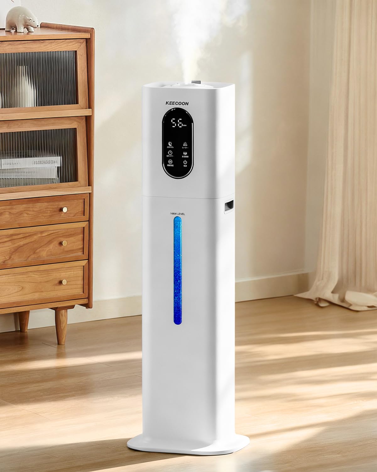 KEECOON 加湿器 大容量 8L スチーム式 加熱式 ハイブリッド式 除菌 加湿器. 業務用 大型 超音波式 タワー型 上から給水 ホワイト | 2026 大容量加湿器アロマ 切れタイマー リモコン 三段階噴霧量 連続48時間 静音 省エネ 湿度