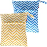 Damero ウェットバック(防水バッグ) 可愛い 2点セット オムツ・着替え・タオル・水着・お風呂用品・食事セット マルチ収納 温泉 スポーツジム ショッピングモール 大活躍（L,黄色波＋青波）