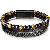 Mens Multilayer Natural Tiger Eye Stone Bead Braised Leather Bracelet Magnetic Stainless Steel Clasp in Black Gift Idea for M