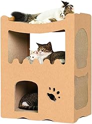 【RAKU】猫用爪とぎ キャットハウス キャットタワー ダンボールハウス 爪とぎ兼ベッド 猫箱 二層 組み立て式 高密度段ボール 収納簡単 ストレス解消 通気 (２部屋)