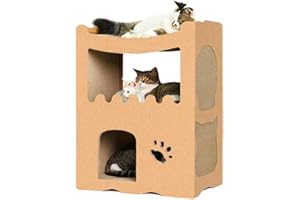 【RAKU】猫用爪とぎ キャットハウス キャットタワー ダンボールハウス 爪とぎ兼ベッド 猫箱 二階 組み立て式 高密度段ボール 収納簡単 ストレス解消 通気 (２部屋)