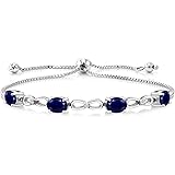 Gem Stone King 925 Sterling Silver Blue Sapphire and White Lab Grown Diamond Women Tennis Bracelet (4.02 Cttw, 7X5MM Oval Gem