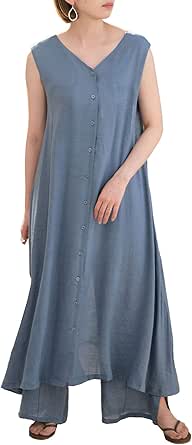 Amazon Co Jp アンドジェイ 2way シアー ポプリン ジレ ワンピース 4653 レディース Vネック ロング丈 無地 シースルー M ブルー 服 ファッション小物