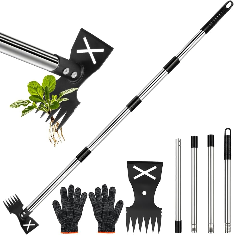 Vevesoas 草取り道具 立ったまま 2-in-1 除草レーキ ステンレス柄付 四段調整可能 41cm〜147cm マンガン鋼6本爪 雑草取り器具 草刈りレーキ土壌耕作 掘り起こし道具 庭園用、芝生、家庭菜園、除草 畑 あぜ 道 、整地作業、 園芸用品