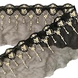 [moonfarm] 薔薇柄 刺繍 レース ライン トリム 生地 選べる4色 メッシュ 花柄 装飾 ドレス 縁取り (ブラックゴールド, 2メートル)