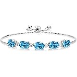 Gem Stone King 925 Sterling Silver Swiss Blue Topaz and White Topaz Adjustable Tennis Bracelet For Women (7.84 Cttw, Center S