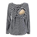 UTOVME 授乳服　長袖　マタニティウェア　授乳服トップス　産前産後兼用服 縞模様 Tシャツ　M　ブルー