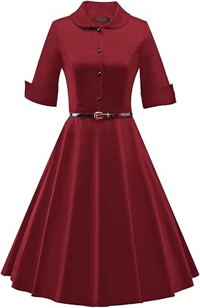 Amazon Ilover 春秋 純色 レトロワンピース 50年代 レディースフォーマルドレス 結婚式パーティー 優雅な欧美復古風 ミモレ丈 ワンピース 膝丈 五分袖 ベルト付き 着痩せ イブニングドレス 通販