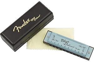 Fender Blues Deluxe Harmonica, Stocking Stuffers, Guitar Accessories, Key of C 10 Holes, Includes Hard Plastic Carrying Case, Daphne Blue