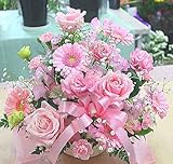 フラワーアレンジメント ピンク系 おまかせ 季節の花 バラ・かすみ草など　商品画像配信付