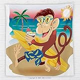 59 x 59インチ動物装飾フリーススローブランケットヒップスターMonkey with His Surfboard and Glasses Drinking on sandy beach in Su