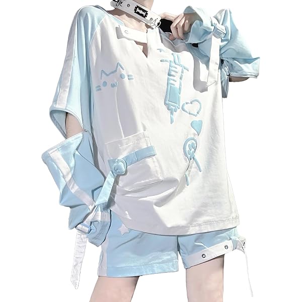 ＸＨＳＵＫＡＤＯ 病みかわいい Tシャツ レディース 夏 半袖 水色 Y2K サ